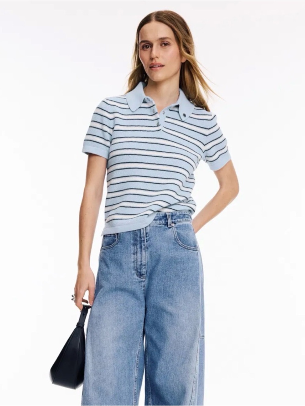 Maje Light Blue, Navy & White Striped Polo Knit Top